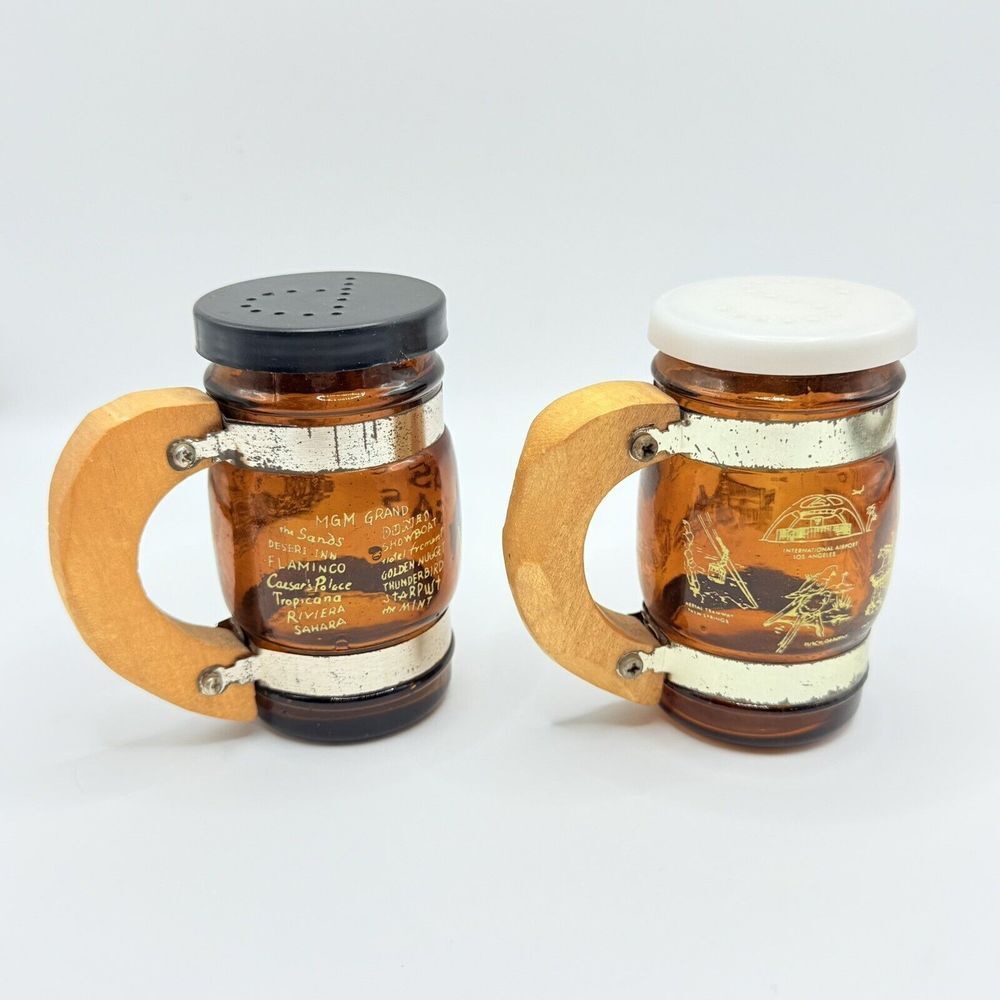 Las Vegas & California Souvenir Salt & Pepper Shakers Glass Barrel Set Vintage‎